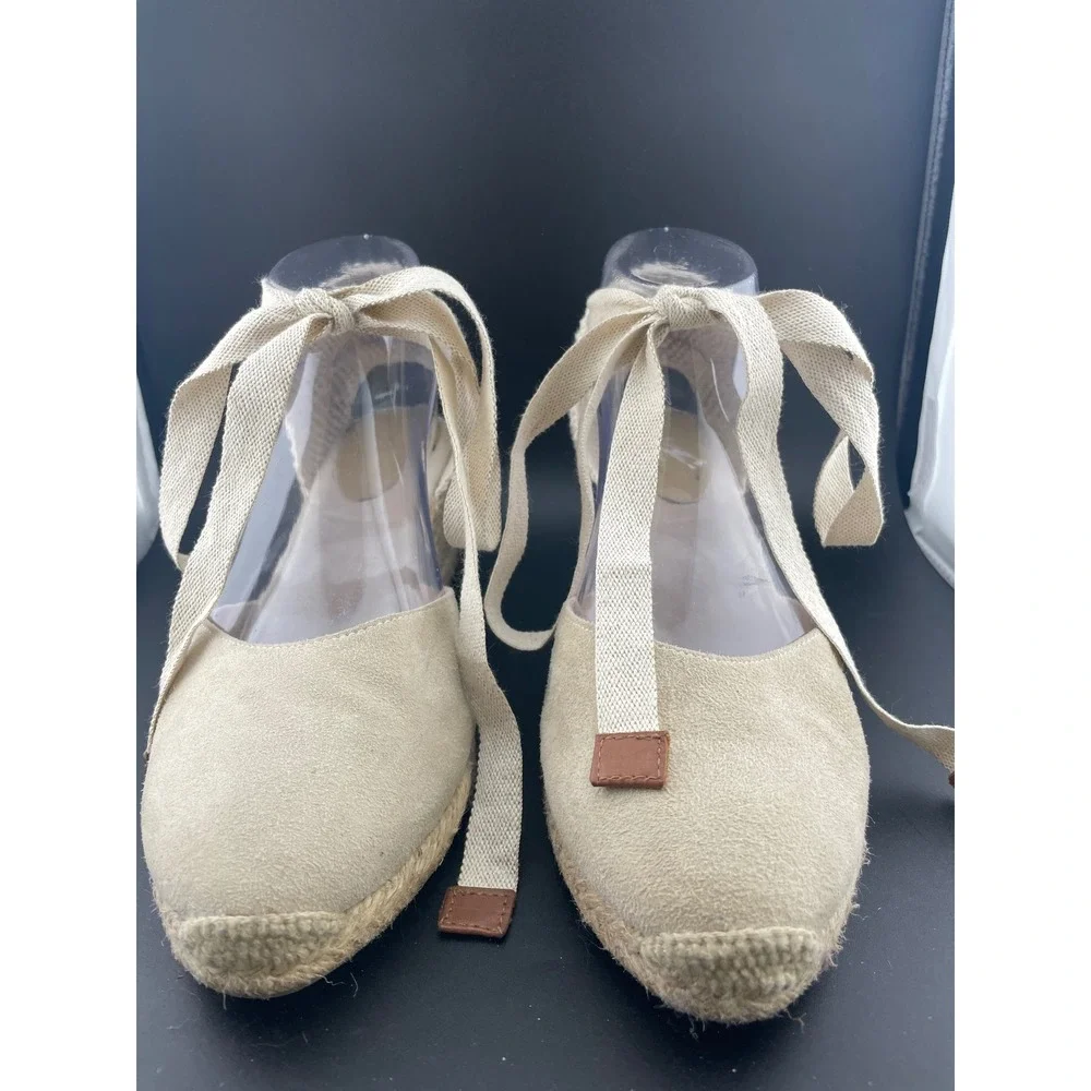 Boden Suede Lace Up Espadrille Wedges Beige Tan Ankle Tie Spain EU 39 US 8.5 9